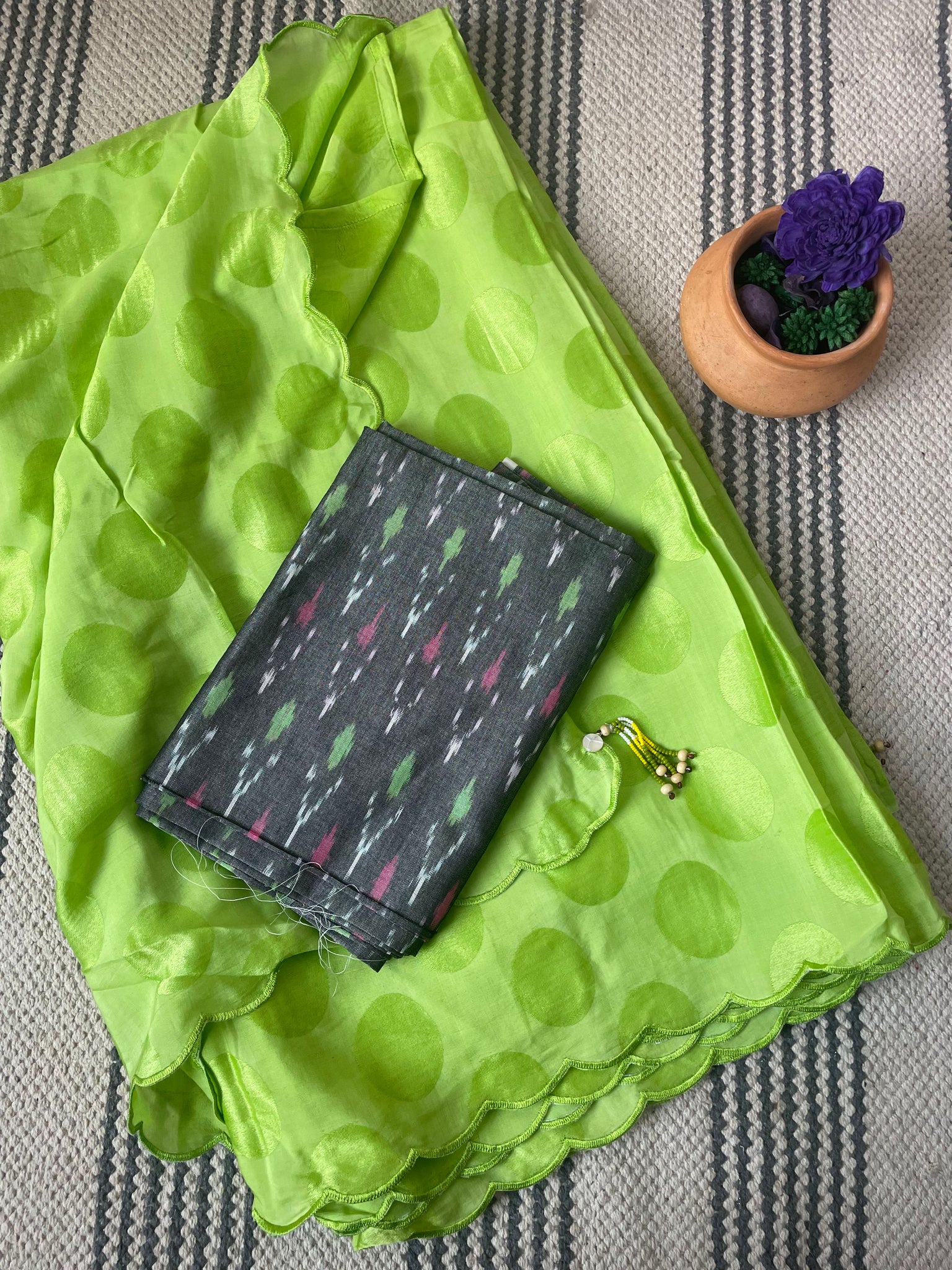 Modal voile self designed green saree - with ikkat silk BP