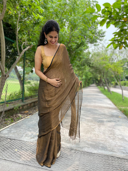 RESTOCKING In SEPTEMBER -Handwoven Black & Golden Metallic Linen Saree