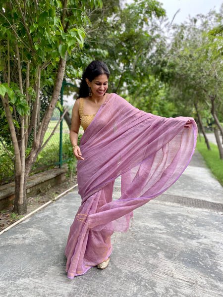 Handwoven lavendar Zari Linen Saree - with blouse piece