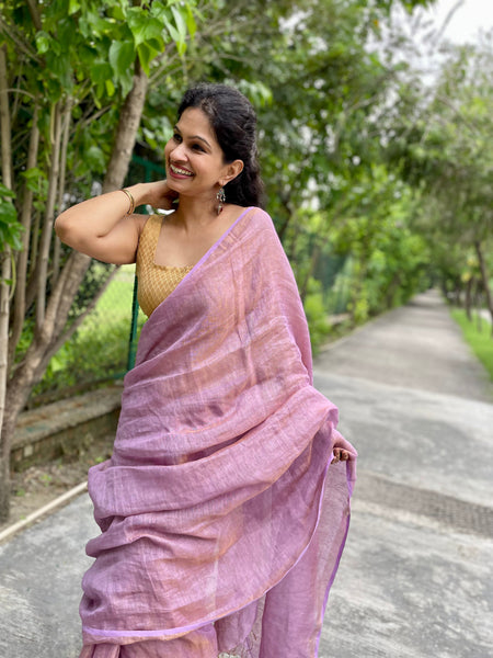 Handwoven lavendar Zari Linen Saree - with blouse piece