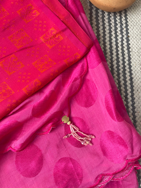 Modal voile self designed fuchia pink saree - with semi silk booti pink dual tone BP