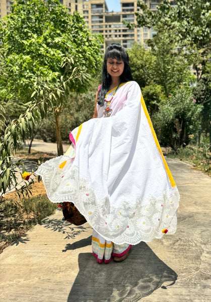 White cotton patchwork saree with embroidery