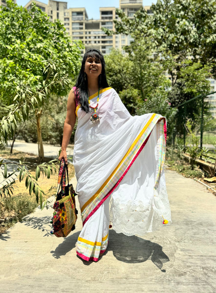 White cotton patchwork saree with embroidery