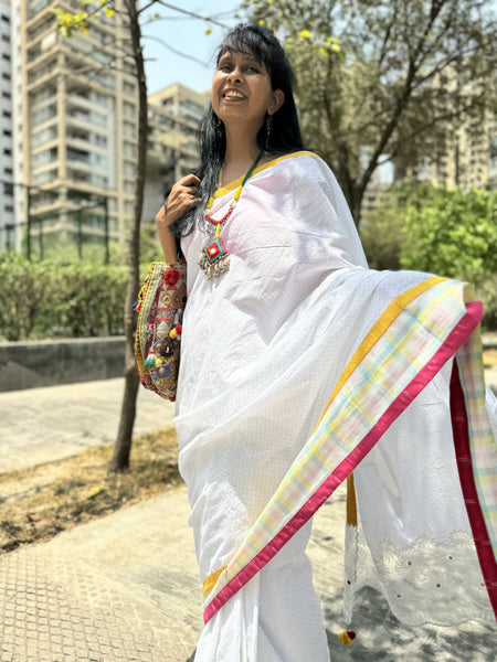 White cotton patchwork saree with embroidery