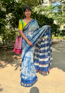 Embroidered Maheshwari Block printed Cotton Silk Saree