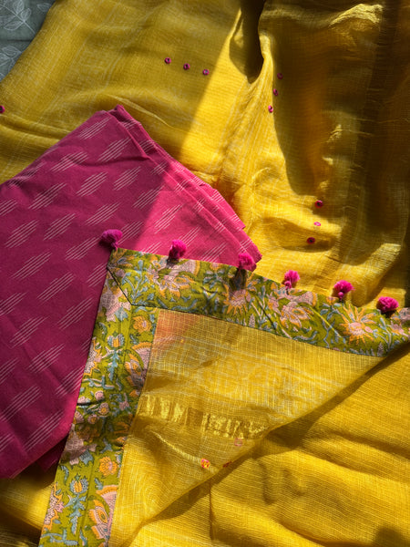 Embroidered pallu & patchwork border- kota doria saree