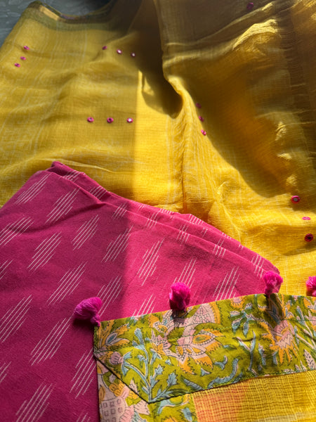 Embroidered pallu & patchwork border- kota doria saree