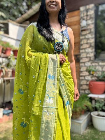ताना-बाना- Cotton Handwoven Jamdani Saree - Green