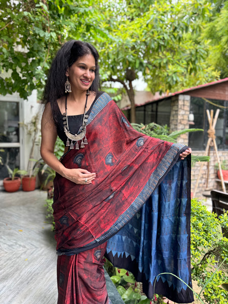 Ajrakh naturally dyed modal silk saree