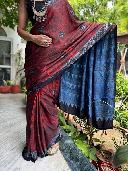 Ajrakh naturally dyed modal silk saree