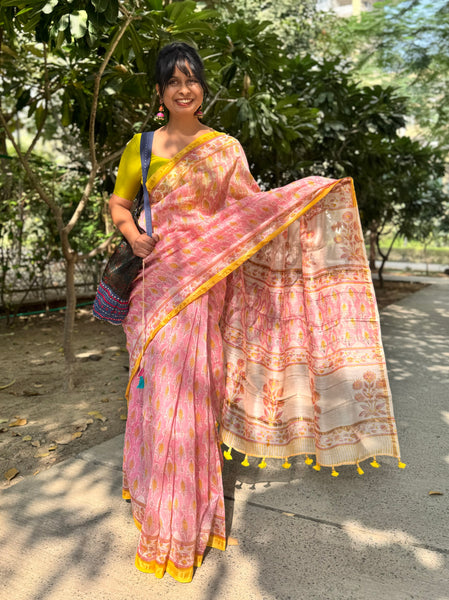 Chanderi border blockprinted Cotton Silk Saree