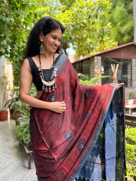 Ajrakh naturally dyed modal silk saree