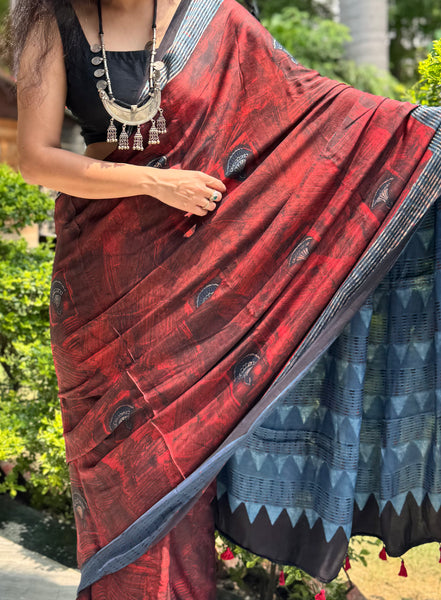 Ajrakh naturally dyed modal silk saree