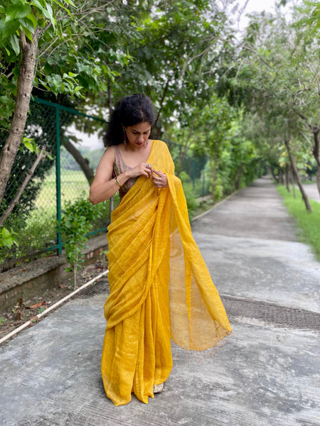 Handowven Yellow Metallic Linen Saree -NO blouse piece
