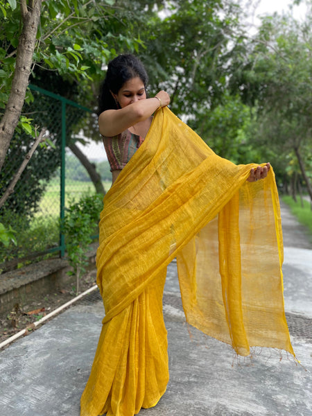 Handowven Yellow Metallic Linen Saree -NO blouse piece