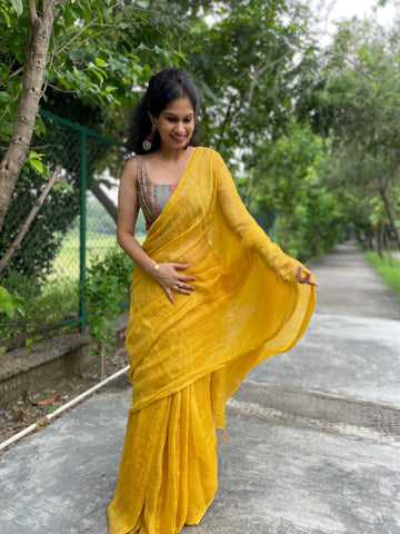 Handwoven Yellow Metallic Linen Saree - with blouse piece