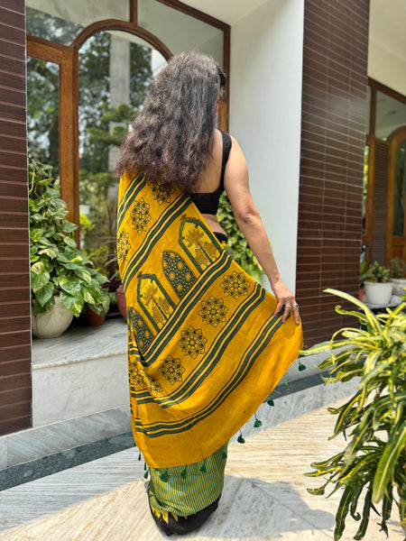 Ajrakh naturally dyed modal silk saree