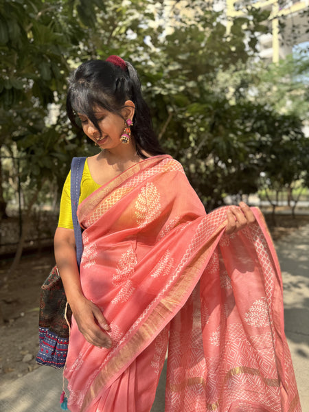 Maheshwari border blockprinted Cotton Silk Saree