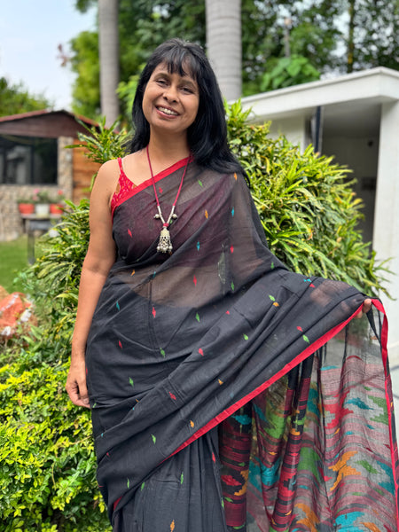 ताना-बाना- Cotton Handwoven Jamdani Saree - Pure Black