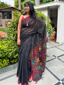 ताना-बाना- Cotton Handwoven Jamdani Saree - Pure Black