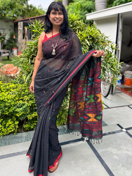 ताना-बाना- Cotton Handwoven Jamdani Saree - Pure Black