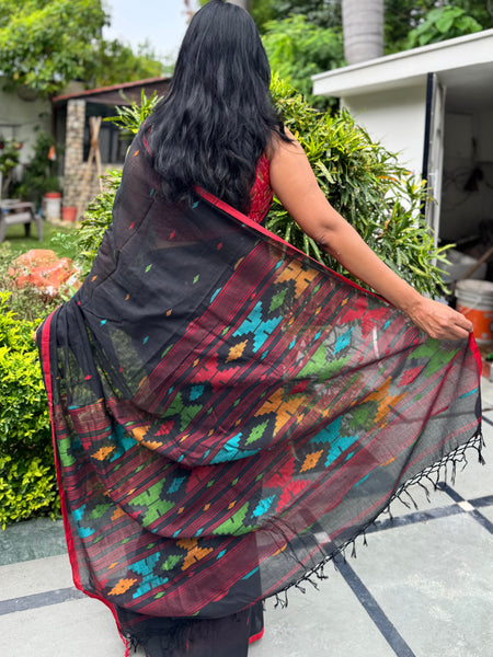 ताना-बाना- Cotton Handwoven Jamdani Saree - Pure Black