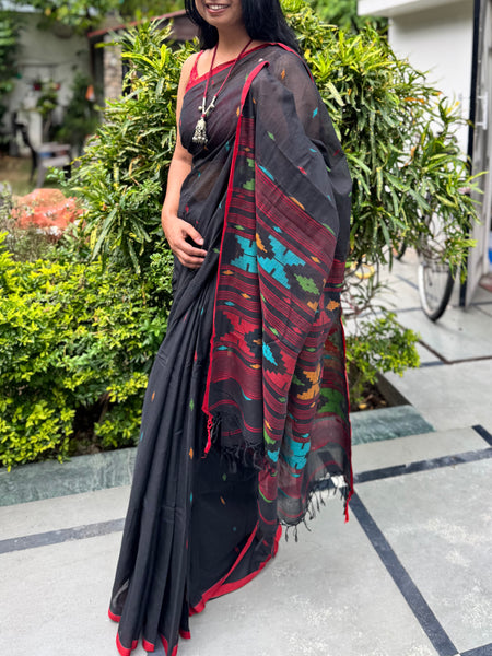 ताना-बाना- Cotton Handwoven Jamdani Saree - Pure Black
