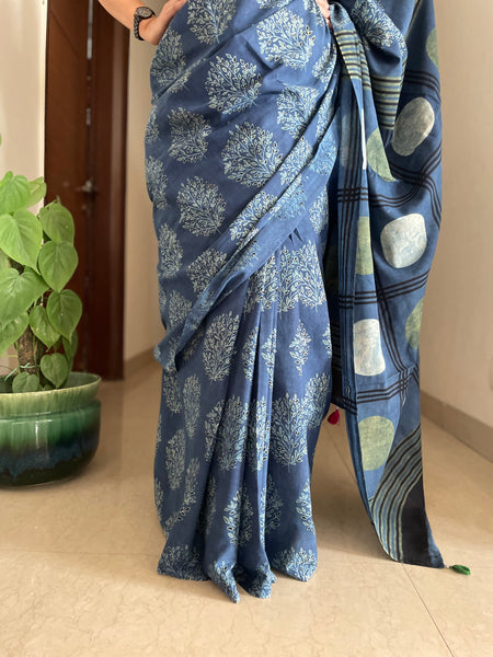 Blue Ajrakh Cotton Saree - naturally dyed