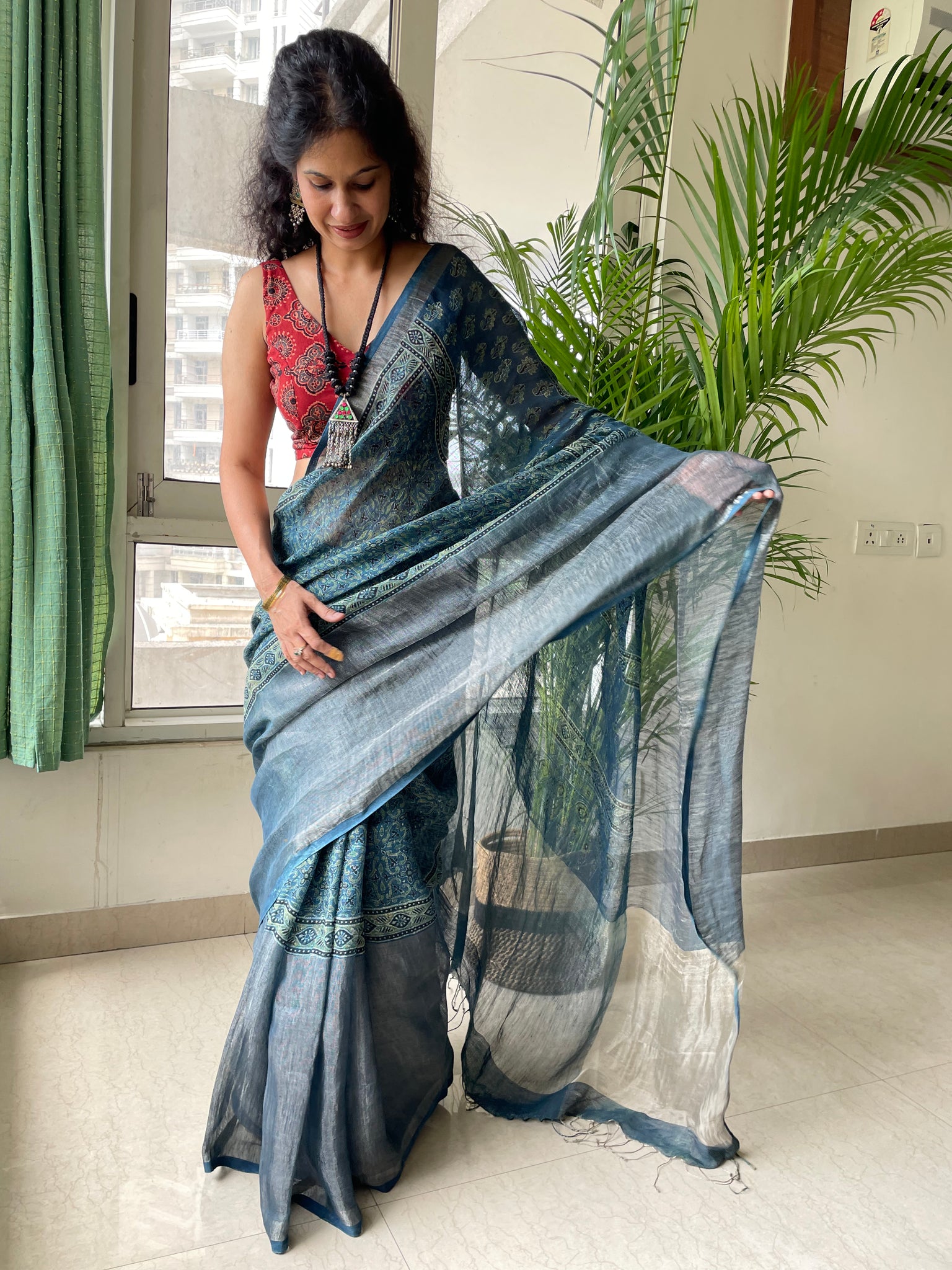 Ajrakh Block Printed Handwoven Linen Naturally Dyed Saree