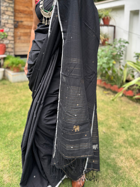 ताना-बाना- Cotton Handwoven Jamdani Saree with Elephant Buta - Pure Black