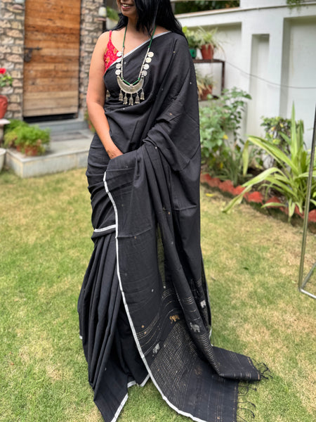 ताना-बाना- Cotton Handwoven Jamdani Saree with Elephant Buta - Pure Black