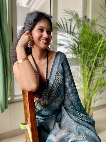 Ajrakh Block Printed Handwoven Linen Naturally Dyed Saree
