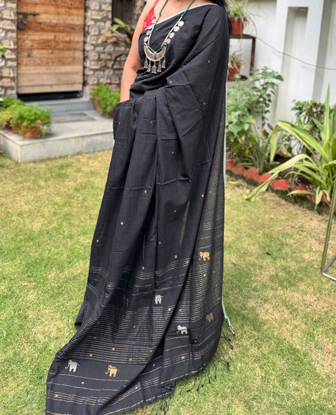 ताना-बाना- Cotton Handwoven Jamdani Saree with Elephant Buta - Pure Black