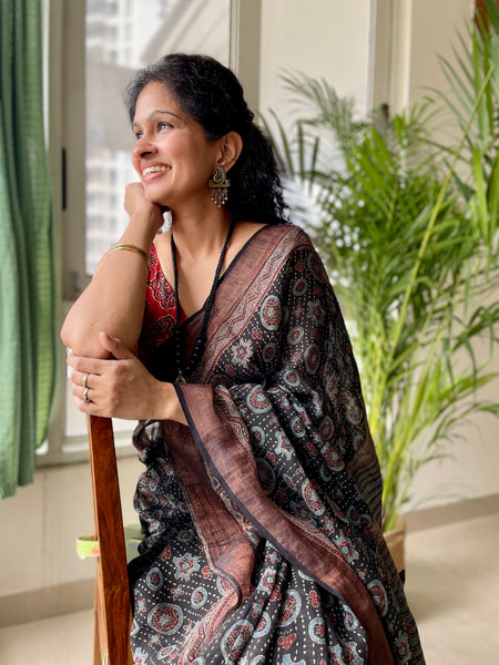 Ajrakh Block Printed Handwoven Linen Naturally Dyed Saree