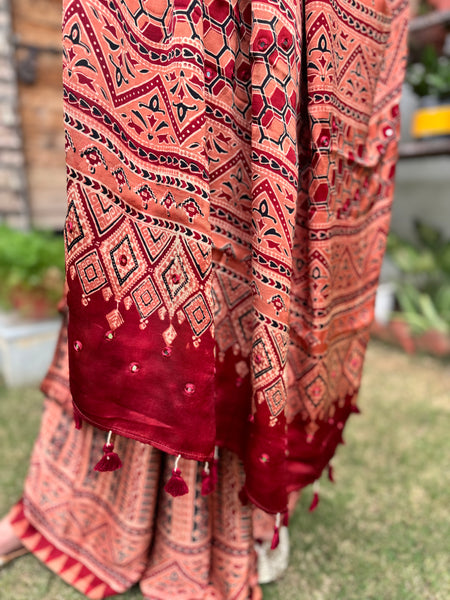 Ajrakh naturally dyed modal silk saree with embroidered pallu