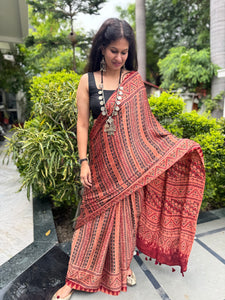 Ajrakh naturally dyed modal silk saree with embroidered pallu