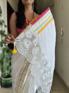White cotton patchwork saree with embroidery