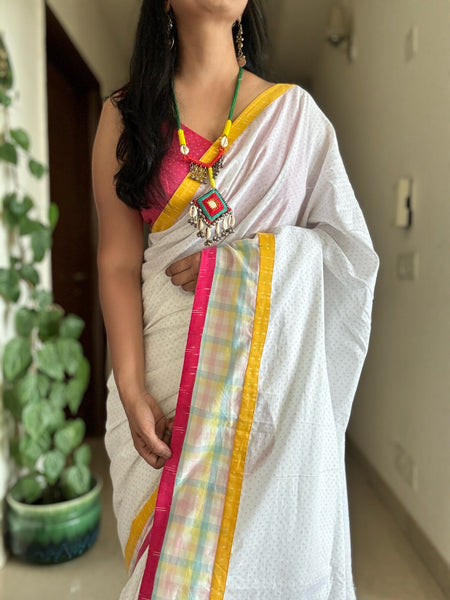 White cotton patchwork saree with embroidery