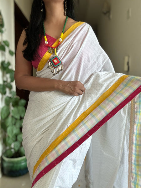 White cotton patchwork saree with embroidery