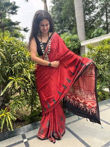 Ajrakh naturally dyed modal silk saree
