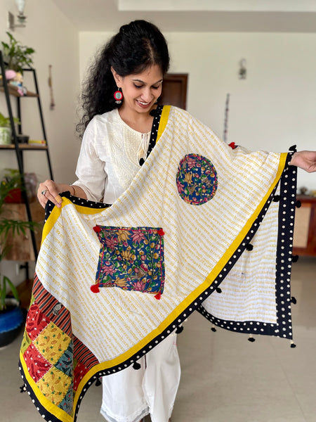 Fish Patchwork dupatta / stole - white and yellow base