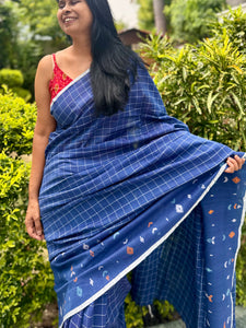 ताना-बाना- Cotton Handwoven Jamdani Saree with one side handwoven border -Blue