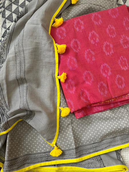 Dabu mul cotton handblock printed saree with Pipin