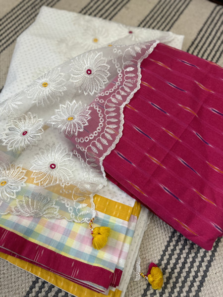 White cotton patchwork saree with embroidery