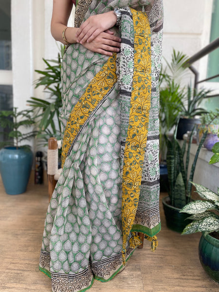 Block printed Kota Doria Ajrakh Patchwork Saree