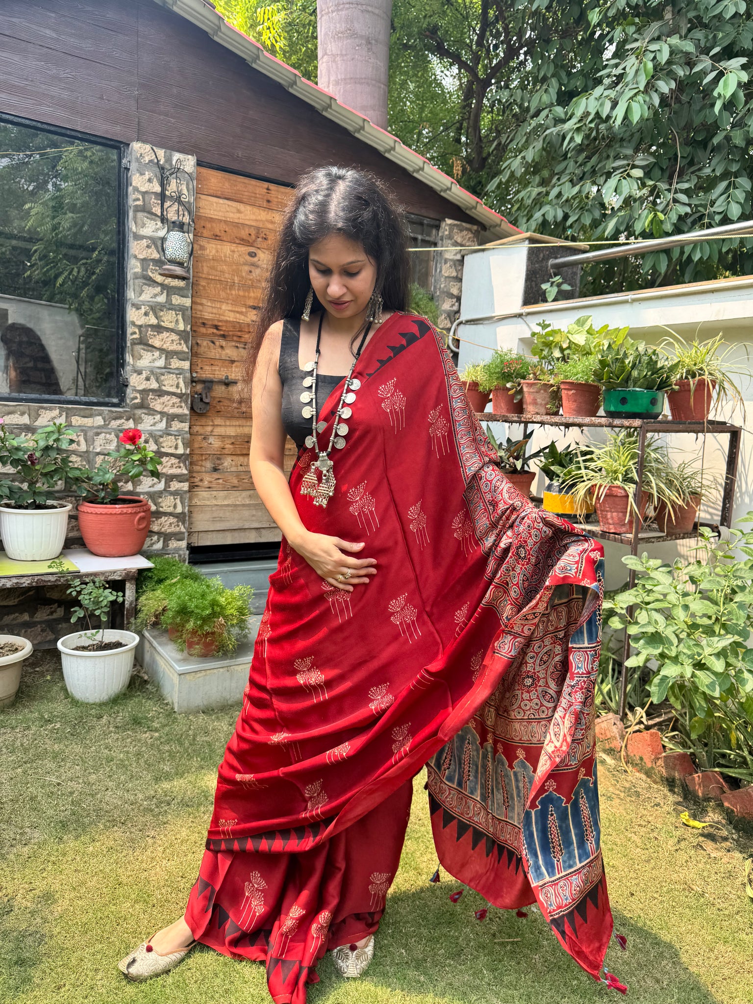Ajrakh naturally dyed modal silk saree