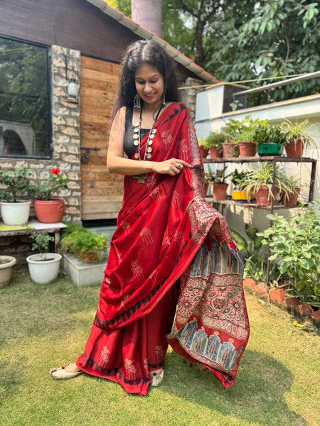 Ajrakh naturally dyed modal silk saree