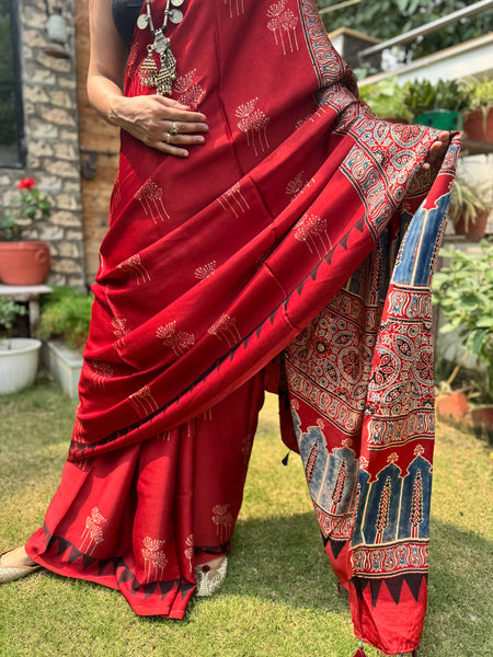 Ajrakh naturally dyed modal silk saree