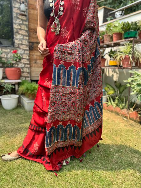 Ajrakh naturally dyed modal silk saree