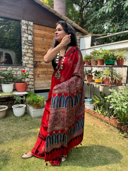 Ajrakh naturally dyed modal silk saree